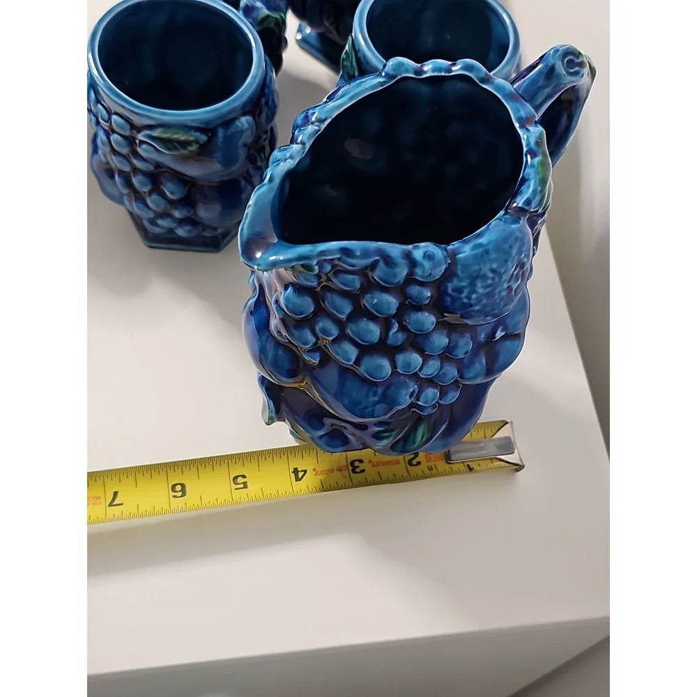 Vtg Inarco Mood Indigo Pitcher 4 Cups Creamer Set Blue Green MCM